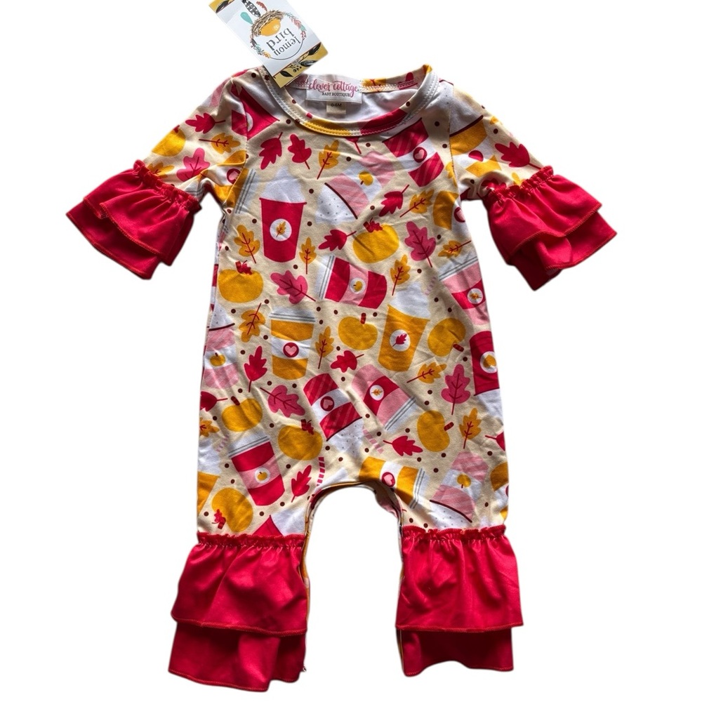Clover Cottage Baby Boutique 0-6 Months Pumpkin Spice Fall Ruffle Romper